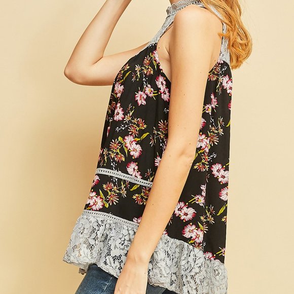 Black Floral Lace Detail Tank Top - Picture 7 of 10